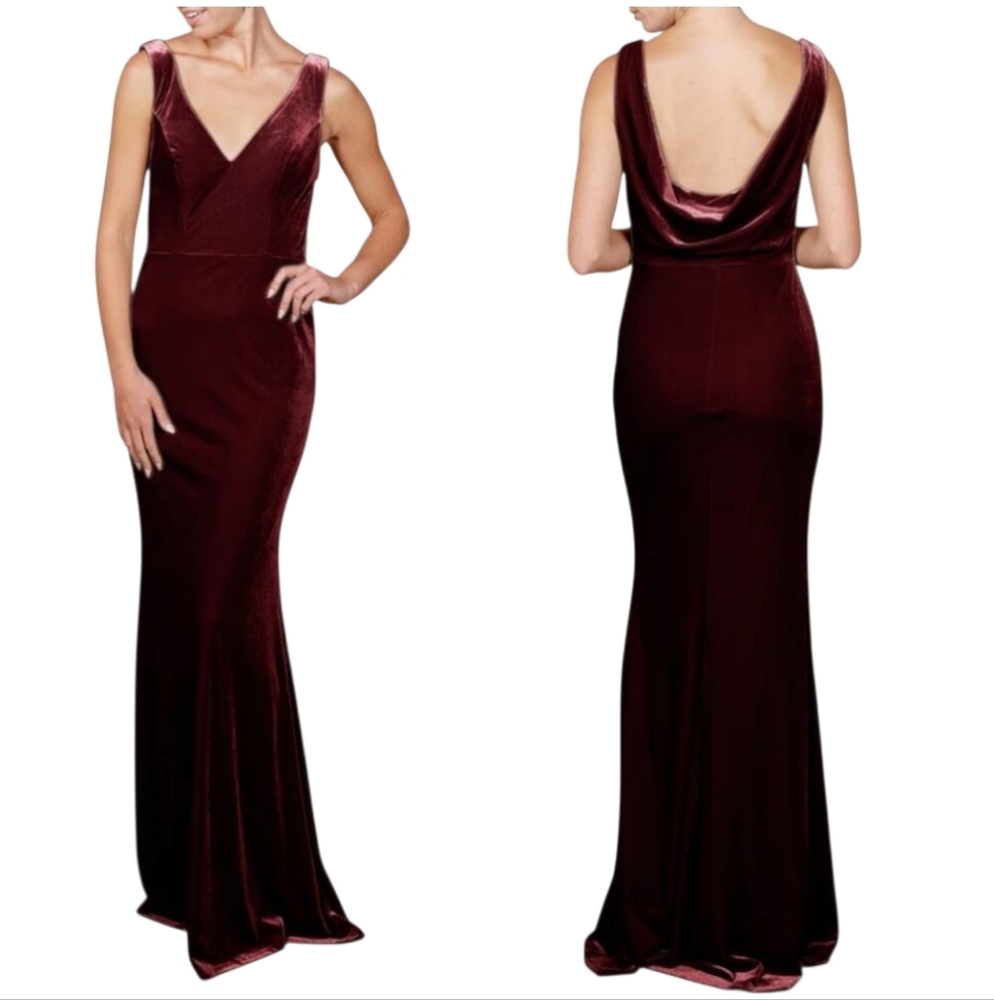 Reverly Dakota Velvet Burgundy Bridesmaid V-Neck Mermaid Maxi Dress Size 4